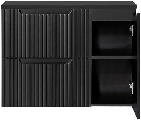 Lomadox Badmöbel Waschtisch-Unterschrank 80 cm schwarz gerillte Front Waschbeckenschrank Badschrank 2 Schubkasten Auszüge 1 Tür, B/H/T ca. 80,4/59,5/40 cm