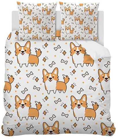 HYSNKSM Bettwäsche 135x200 Corgi-Cartoon Bettwäsche-Sets 3Teilig Mikrofaser Bettbezug 135 x 200 und 2 Kissenbezug 80x80 cm, Kuschelige Bettbezüge mit Reißverschlus