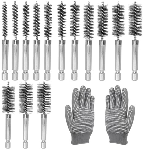 ANBOO 14 Stück Edelstahl Drahtbürste, 1/4 Sechskant Rohrbürste 8–25mm | Für Bohrmaschinen, inkl. rutschfeste Handschuhe zum Schleifen & Polieren
