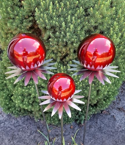 Jürgen Bocker Garten-Ambiente Blütenzauber Milano 3er Set Rosenkugel 15/15/10 cm Edelstahl Gartenstecker Deko mit Stab 80 cm (rot matt)