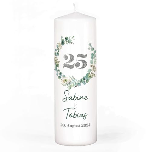 Herz & Heim® Kerze zur Silberhochzeit, 4 Motive mit Eukalyptus zur Wahl, personalisiert mit Namen & Datum (Motiv 1)