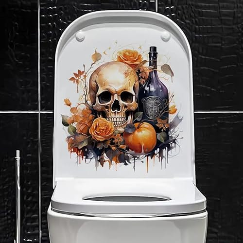 TOLOVIS Halloween Skull Flower Toilet Cover Sticker Decals,Flower leaf bird Waterproof Toilet Lid Tank Seat Decals Cistern Self-Adhesive Bathroom Wall Sticker, TOLOVIS-001