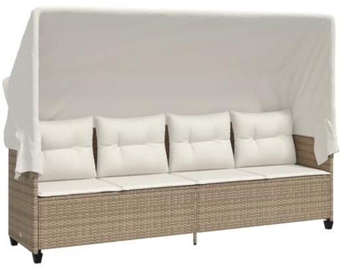 Makastle 4-Sitzer Sofa mit Dach und Kissen, Garten Schlafsofa Gartenliege Outdoor Sofa Couch Liege Sonnenliege Terrassenliege, Beige Poly Rattan