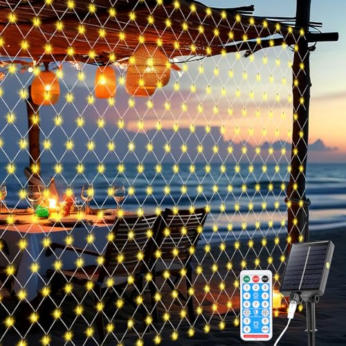 Cecaylie Solar Lichternetz, 3x2m 240 LEDs, Mit Fernbedienung & 8 Modi, Dimmbar & Timer, IP44 Wasserdicht, Memory-Funktion, Für Garten, Balkon, Fenster, Warmweiß