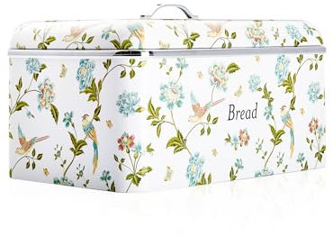 VQ Laura Ashley Large Bread Bins for Kitchen with Removable Lid Bread Storage Containers for Freshness & Style - Stainless Steel BreadBin with Hand-Applied Designer Print - Elveden White