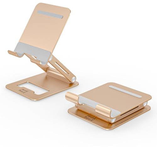 Minthouz Support de tablette, support de tablette réglable multi-angle, support en aluminium compatible avec iPhone 16 15 14 13 Pro Max Mini, 12 11 XR X 8 Plus SE, smartphone doré