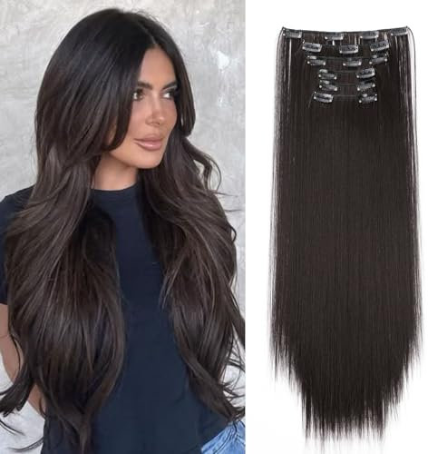 Cybelleza Clip in Extensions wie Echthaar Haarverlängerung Haarteil Glatt 6 Teile 65cm Hair Extensions Clip in Haarteil Lang Gerade Günstig Haarverdichtung Synthetische für Frauen, Dunkelbraun