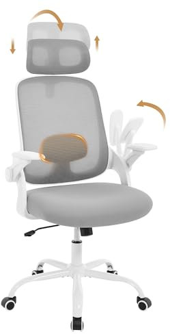 WOLTU Sedia Ufficio Ergonomica con Poggiatesta e Braccioli Regolabili, Supporto Lombare, Poltrona Scrivania Girevole in Rete Traspirante Funzione Dondolo, Grigio Chiaro