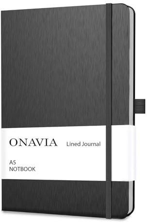 ONAVIA Cuaderno Rayado A5 Cuaderno de Viaje de Tapa Dura, Classic Libreta, Diario Premium Lineas de notas con Bucle de Lápiz, 160 páginas (Negro) | 160 Páginas, 14,8 × 21 cm, Tapa Dura, Rayado, Cuaderno Para Escuela, Universidad Y Oficina