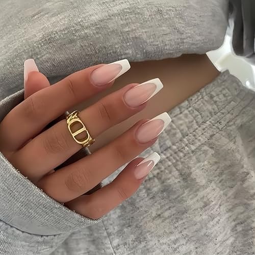 KQueenest 30 Pcs White French Tip False Nails Short Medium Coffin, French Tip False Nails Short Ballerina, Acrylic Fake Nails Set Natural Nude Full Cover Stick on Nail for Women Daily Wedding Wear
