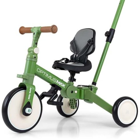 Milly Mally Tricycle 5in1 Optimus Max Baby-Dreirad Dreirad für Kinder mit Steuergriff für Eltern 1 bis 4 Jahren (Green)