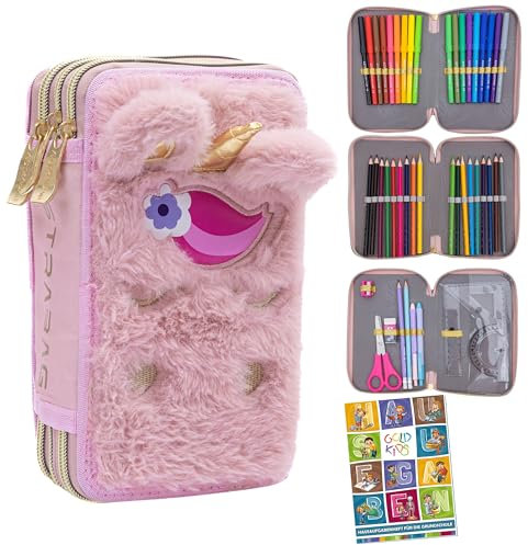 Goldkids - Federmäppchen 3 Fächer - Mäppchen für Mädchen - Federmappe 3-Fach Federtasche Gefüllte Schüleretui Schulmäppchen und Hausaufgabenheft - Fluffy Unicorn