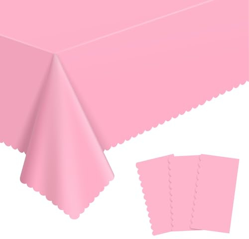 NatNarr 3 Pack Plastic Pink Tablecloth, 137 X 274cm Pink Party Table Covers | Scalloped Table Cloths for Rectangle Tables Disposable Tables Cover for Tea Party Picnic Baby Shower Wedding Bridal