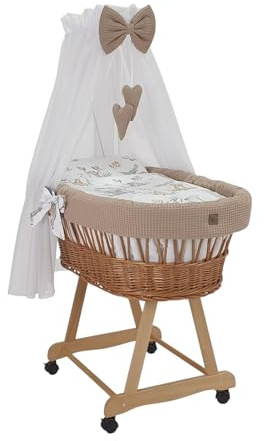 Wiklinopol Stubenwagen aus Weide mit Baldachin und Gestell Lena – Moseskorb in Natur, Komplettset mit 5-TLG. Waffel-Bettwäsche Safari Beige – Mit Rollen, Tragbar, Sicher
