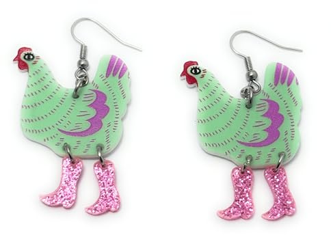 FizzyButton Gifts Green and Pink Chicken with Wellies Charm Drop Earrings with Surgical Steel Ear Wires and Organza Gift Bag