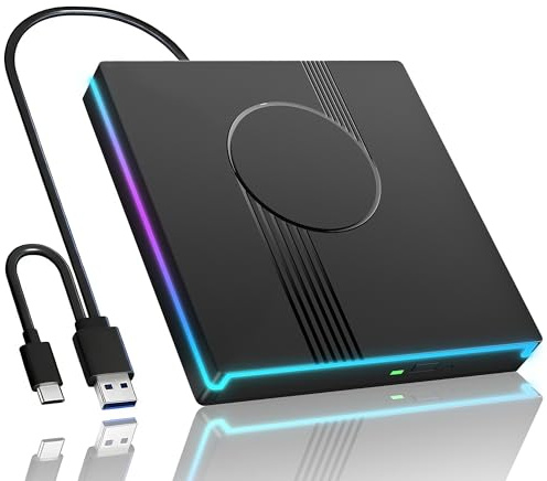 RGB External CD/DVD Drive, USB 3.0 Type-C CD Burner +/-RW Optical Drive | Slim CD ROM External Drive for Laptop Desktop PC Windows Mac, Portable DVD Player for Laptop(Black)