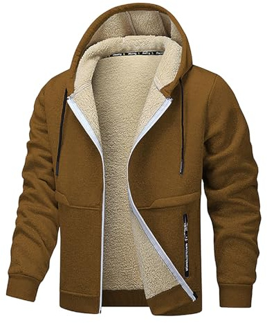 XCXC Herren Fleecejacke mit Kapuze und Reißverschluss Männer Einfarbige Gefütterte Winterjacke Kapuzenjacke mit Kordelzug Taschen Sweatjacke Freizeitjacke für Alltag