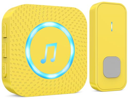 SURFOU Campanello Senza Fili da Esterno Interno, Campanello Casa Wireless Pulsante a Lunga Distanza di 400m, 55 Suonerie, 5 Volumi Selezionabili (1 giallo ricevitore + 1 giallo trasmettitore)
