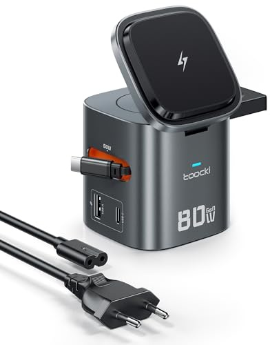 Toocki 80W 6-portars GaN-laddstation med infällbar kabel & Mag.Safe | 3-i-1-laddare med USB-C och USB-A, snabbt infällbar laddningskabel för MacBook, iPhone 17 Pro Max, Galaxy S24, mobiltelefoner