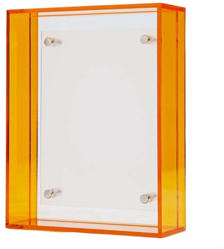 Acrylic Photo Frame Transparent Frameless Wall Display For Awards Postcards And Photos Easy Install 2 Clear Blocks 4 Screws Small 4.3 X 5.5 Inch Red Green Yellow Orange Tabletop Or Wall Decor(Orange)