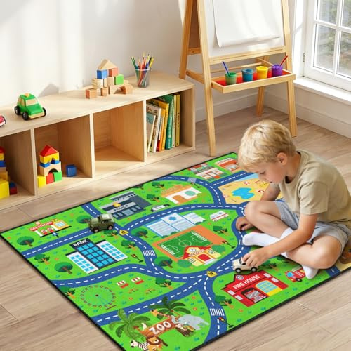 Road Rug for Kids 2×3 Ft - Interactive City Car Track Play Mat, Smooth Low-Pile Carpet with TPR Non-Slip Backing, Educational Traffic Play Rug for Playroom Classroom Nursery
