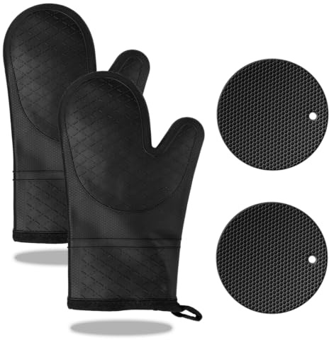 Xynovate 2 Guantes Cocina, Manoplas Horno de Silicona Extendidos | Oven Gloves Resistente al Calor para Cocinar, Asar y Hornear(29 cm,Negro)