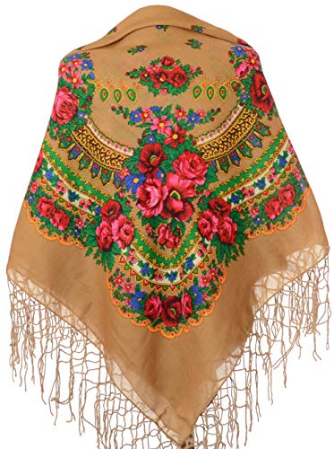 Halstuch mit traditionellem ukrainischem/polnischem/russischem Blumenmuster und Fransen - Braun -