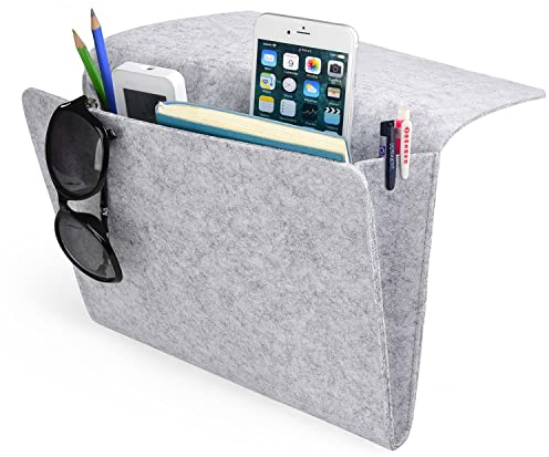 daite Bedside Pocket Storage Holder,Felt Bedside Caddy Storage Organizer Bed Caddy with 2 Small Pockets for Organizing Magazine Phone Small Things Home Sofa Desk Holder(Light grey)