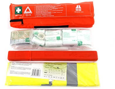 PK-MOT Cassetta medica pronto soccorso con Giubbotto catarifrangente & Triangolo di segnalazione & pour Auto Camion Moto DIN 13164 / EN 20471 First Aid Kit COMBI PLUS
