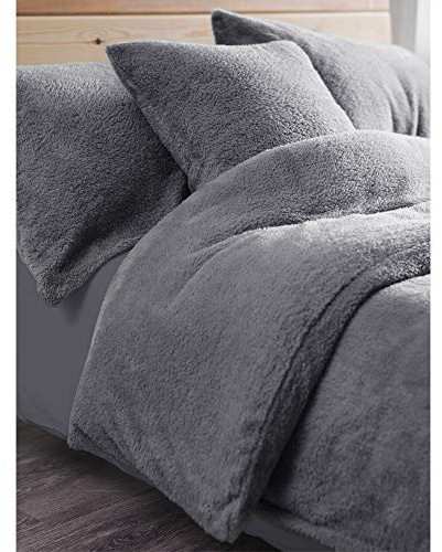 Duvet Cover with Pillowcases New Soft Warm Fleece Bedding Set (Teddy Silver, Double Duvet Cover Set)