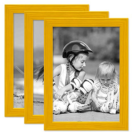 PHOTOLINI Bilderrahmen Kinderzimmer 15x20 cm Gelb, 3er Set Wechselrahmen farbig, Holz, Acrylglas, Made in Germany, zum Aufstellen & Aufhängen, mit Zubehör - für bunte Kinderbilder