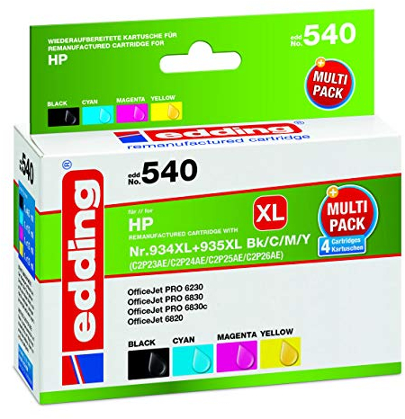 edding Druckerpatrone EDD-540 - Multipack 4 - Schwarz, Cyan, Magenta, Gelb - 1x 45 ml + 3x 12 ml - Reichweite 1x 1700 3x 1030 - Ersetzt HP 934XL/935XL (C2P23/C2P24/C2P25/C2P26)
