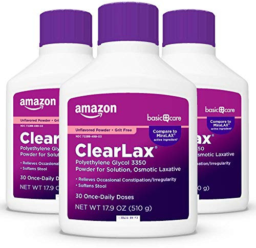 Amazon Basics ClearLax, Polyethylene Glycol 3350 Powder for Solution, Osmotic Laxative, Unflavored, 1.11 Pound (Pack of 3) (Previously Care)