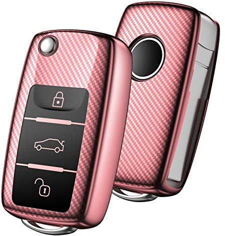 OATSBASF Autoschlüssel Hülle VW, VW Golf Schlüsselbox,Schlüsselhülle Cover für vw Polo Passat Skoda Seat 3-Tasten(Roségold-Streifen)