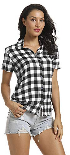 Aeslech Summer Tops for Women Short Sleeve Button Down Ladies Checked Shirt Plaid Blouse White Black Tag XL