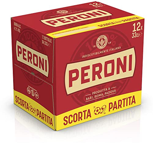 Peroni Birra Lager, Cassa con 12 Birre in Bottiglia da 33cl, con Malto 100% Italiano dal Gusto Moderatamente Amaro, Gradazione Alcolica 4.7% Vol