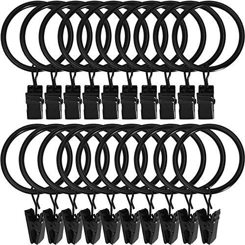LLPJS 20 Pack Metal Curtain Rings with Clips, Curtain Clip Rings Hooks for Hanging Drapery Drapes Bows, Curtain Rod Rings 1.5 inch Interior Diameter, Black