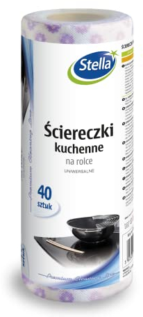 Stella Paños de cocina de alta calidad en rollo, 40 unidades, lavables, muy absorbentes, color: blanco con flores moradas, fabricado en la UE