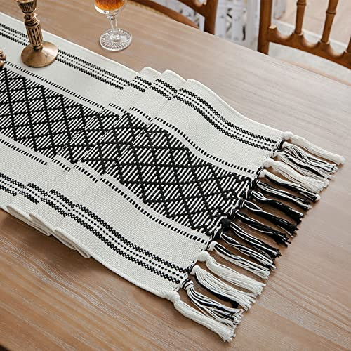 LIGICKY Dekorative Tischläufer, 35x180 cm, Moderne Boho Marokkanisch Gewebt mit Quasten Tischband Dekoration Tischdeko für Geburtstage Hochzeiten Ferien Besondere Anlässe und Feste, Schwarz und Weiß
