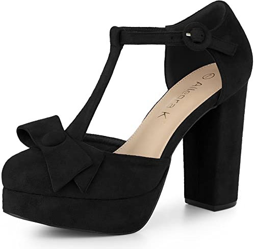 Allegra K Women's Round Toe Block Heel T Strap Pumps Black 7 UK/Label Size 9 US