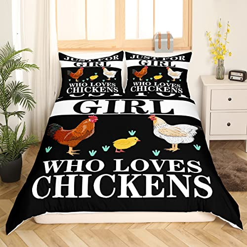Bettwäsche-Set mit Huhn, 135 x 200, rustikaler Bauernhaus-Tierdruck, Bettbezug, Henne, Hahn, Huhn, Bettbezug für Mädchen, Teenager, Frauen, schwarz, weiß, weich, Tagesdecke