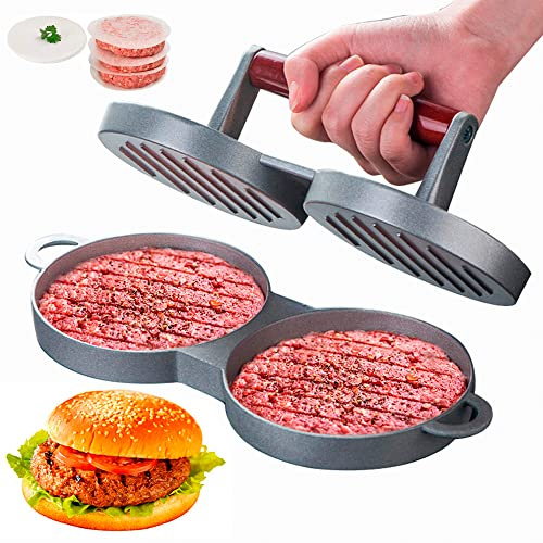 DJ.KEKAO Zwei auf einmal, runde Form, Hamburgerpresse, Aluminiumlegierung, Hamburgerfleisch, Rindfleisch, Grill, Burgerpresse, Lebensmittelform, Küchenwerkzeug mit 100 Stück gewachstem Papier zum