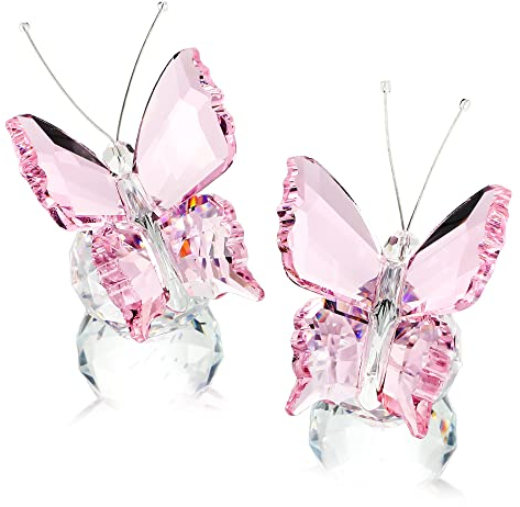 kanpura Lot de 2 Figurines de Papillon en Cristal avec Base en Boule en Verre Transparent, Statues de Papillon en Verre, Figurines d'animaux en Cristal pour décoration d'intérieur (Rose)
