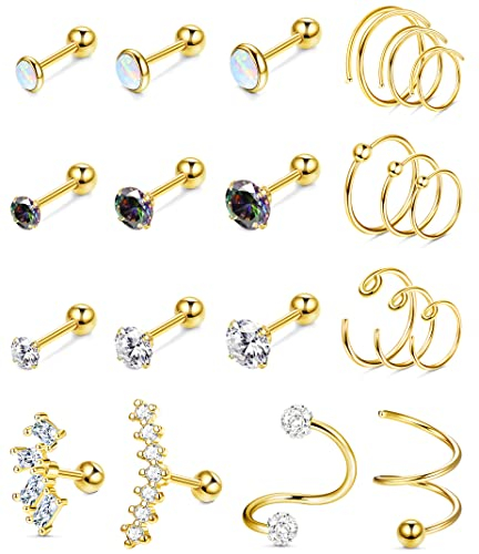 Kakonia 22stk Piercing Ohr für Damen Ohrringe Ohrstecker Gold Helix Piercings Chirurgenstahl Zirkonia 16G Conch Daith Tragus Piercing Set