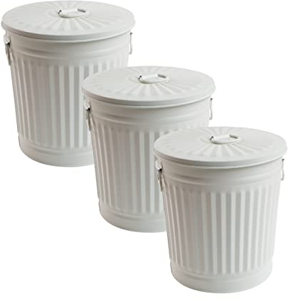 Jinfa 3 juegos de cubos de basura de diseño retro con tapa | blanco crema | Ø 42 cm, altura 47,5 cm, 62 litros