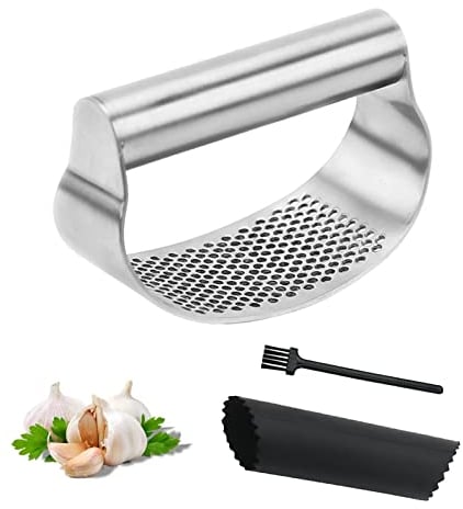 Knoblauch Ingwer Presse Wippe, Knoblauchpresse Wippe Küchenhelfer Labor Saving, Food Grade 304 Stainless Steel Ginger Chopper with Silikon Knoblauchschäler and Reinigungsbürste