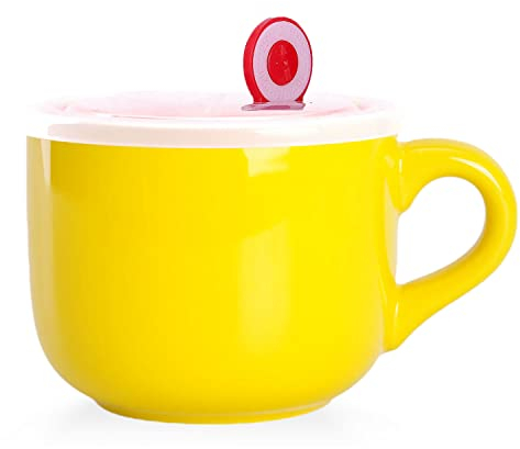 WHJY Einfache Keramik-Suppentassen mit Deckel, 625 ml Suppentassen mit Griff, Mikrowelle Haferflocken Schüssel Kaffeebecher mit Deckel und Griff für Milch, Tee, Obst, Eis, Müsli, Kaffee - Gelb