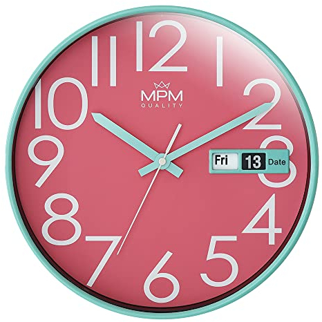 MPM Quality Design Wanduhr, Türkis/Pink, Datum-Anzeige, präzises Quarz-Uhrwerk, ∅ 305 mm, Moderne Wand-Deko für Wohnzimmer, Schlafzimmer oder Büro