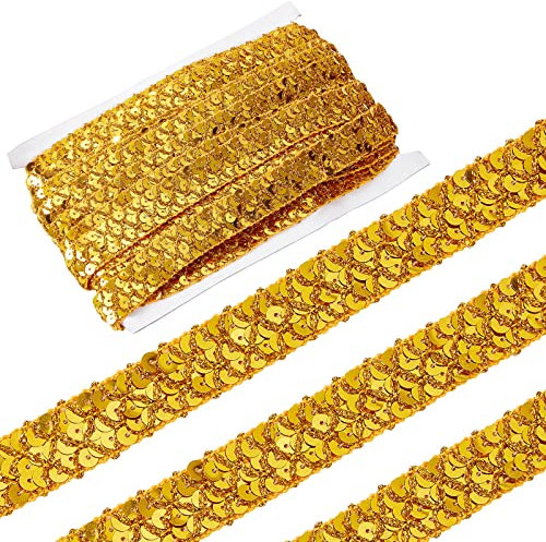 GORGECRAFT 14 Yds 0.78 Gold Pailletten Borte Spitzenband Geflecht Pailletten Perlen Glitzerband Paillettenstreifen Paillettenrolle Zum Nähen von Weihnachtshandwerk Verzierungen Kostüm Zubehör