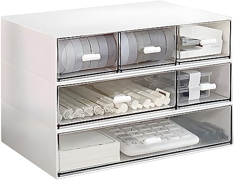 Desktop Organizer, Stackable Organizer Drawers, Plastic Drawers Organizer, Desktop Storage Box Drawer for Collection Small Item/Cosmetic Office Organization-6 Drawers (White) Large Capacity